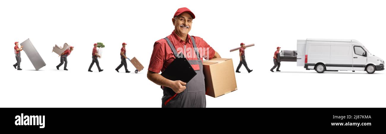 Lavoratore con una scatola e appunti e movers con un furgone che trasporta mobili isolati su sfondo bianco Foto Stock