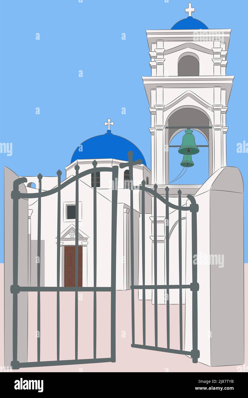 Tradizionale chiesa bianca con cupole blu e un campanile sull'isola di Santorini. Grecia. Illustrazione Vettoriale