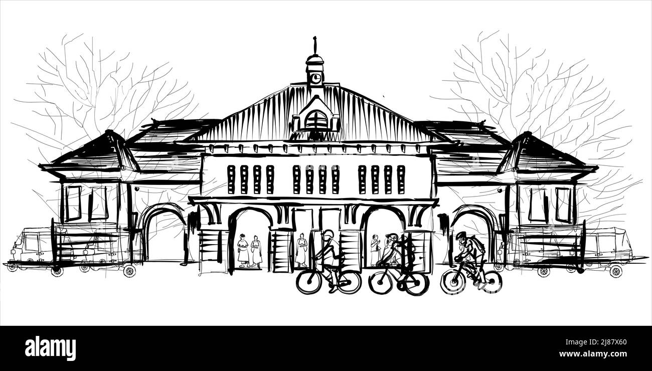 Disegno bianco e nero del treno della città di Jatinegara, zona est di Giacarta, Indonesia. Illustrazione vettoriale Illustrazione Vettoriale