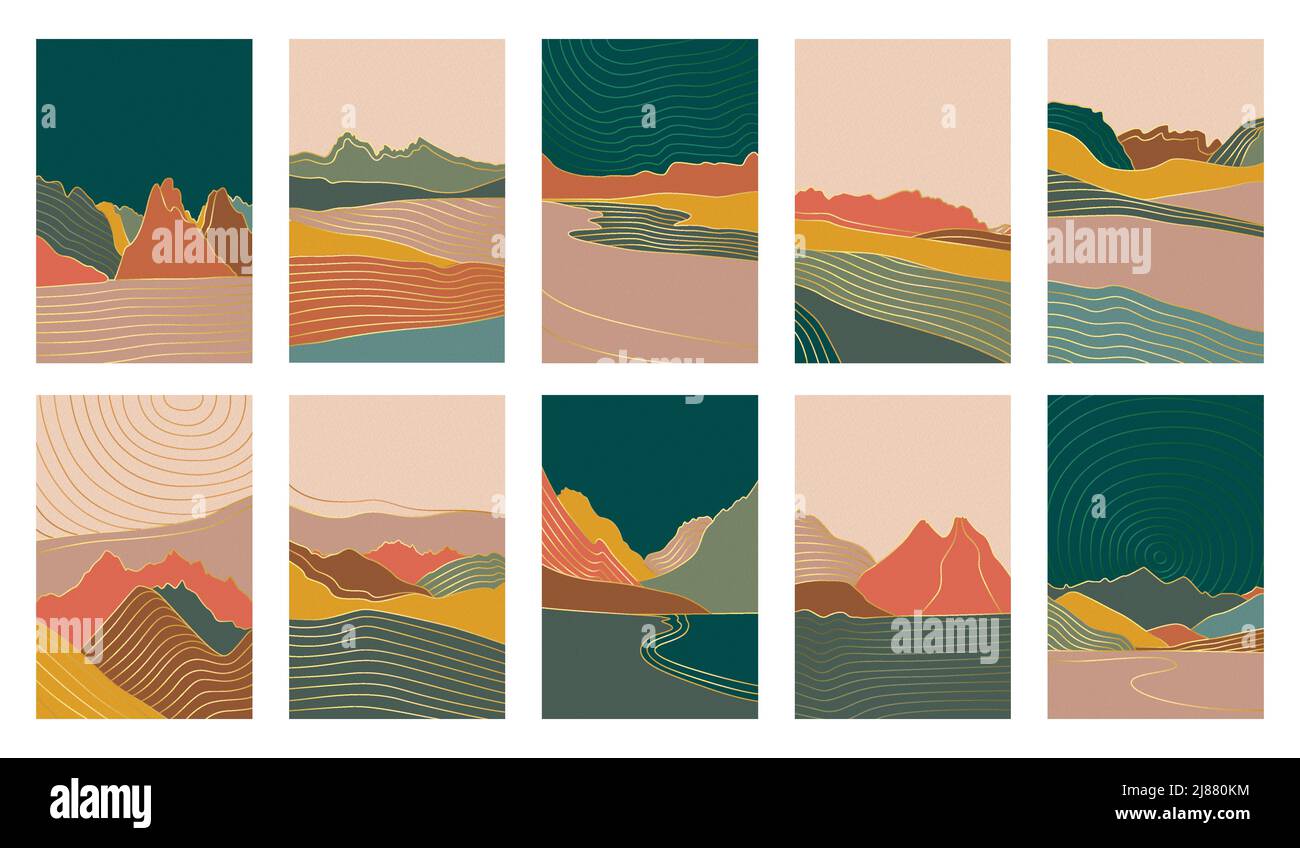 Set di originali sfondi vettoriali astratti del paesaggio naturale in colori naturali terrosi e linee dorate. Illustrazione Vettoriale
