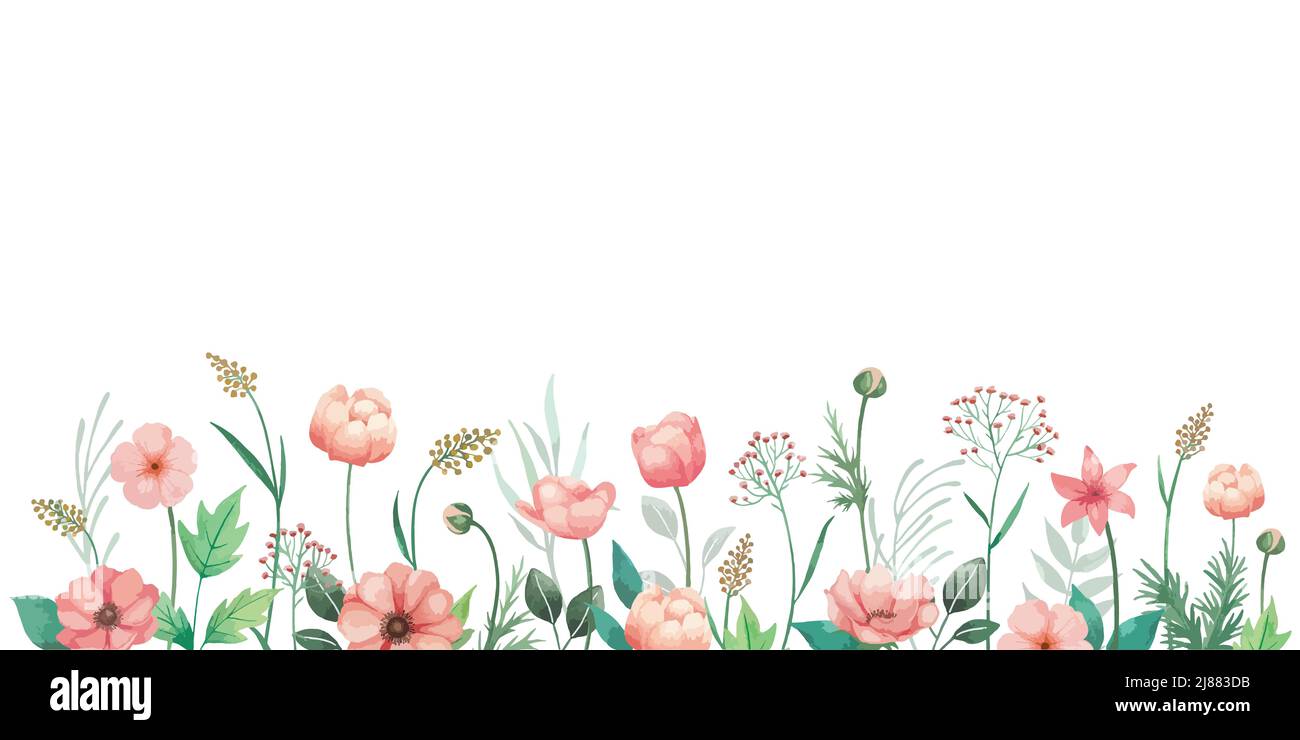 Acquerello fiori illlustration per l'invito di nozze con anemoni di corallo, germogli e foglie verdi. Fiori bordo con sfondo bianco. Illustrazione Vettoriale