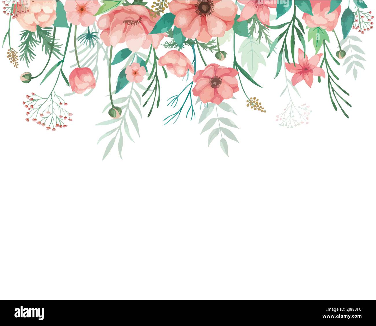 Acquerello fiori illlustration per l'invito di nozze con anemoni di corallo, germogli e foglie verdi. Fiori disposti con sfondo bianco. Illustrazione Vettoriale