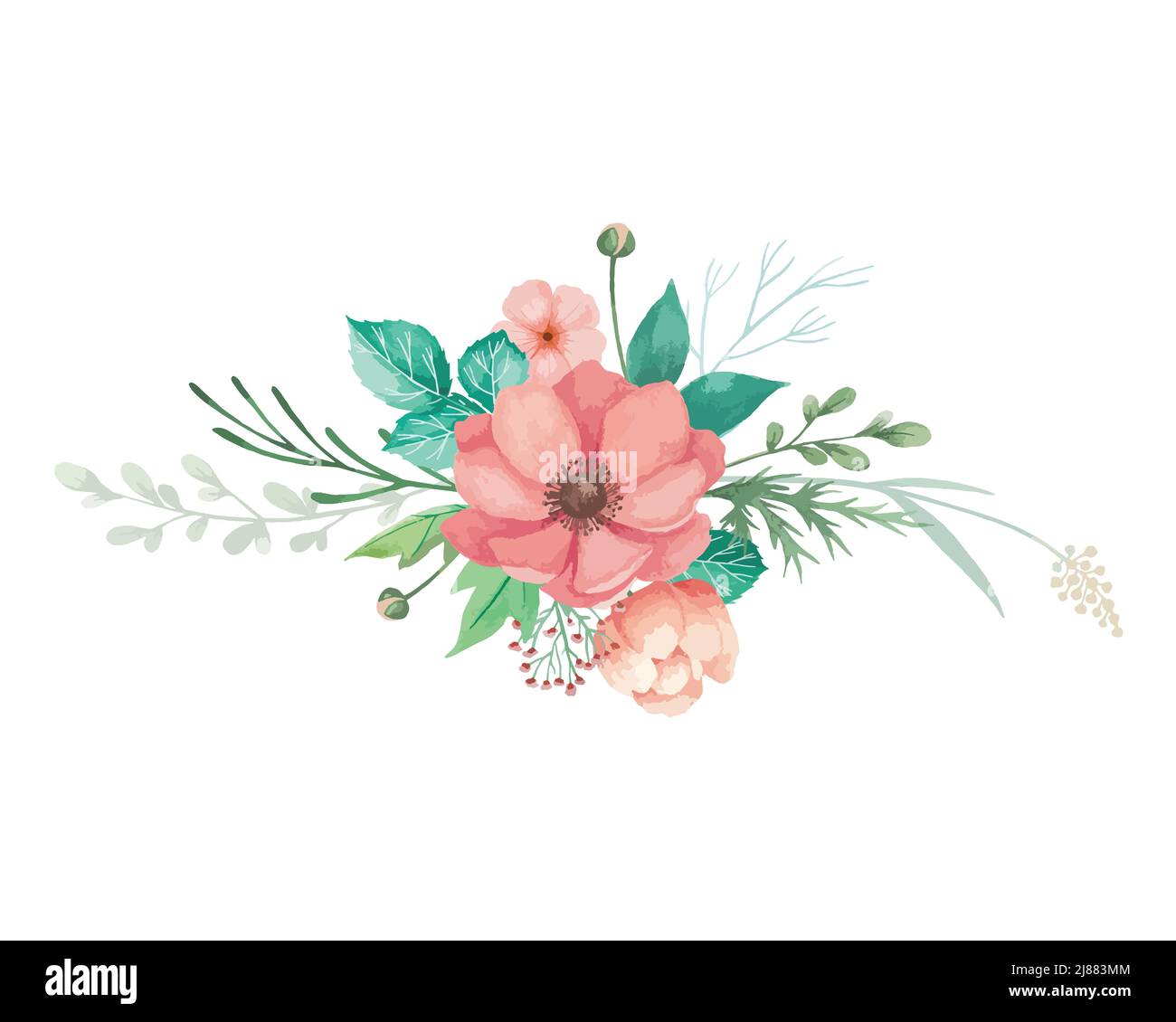 Acquerello fiori illlustration per l'invito di nozze con anemoni di corallo, germogli e foglie verdi. Fiori disposti con sfondo bianco. Illustrazione Vettoriale