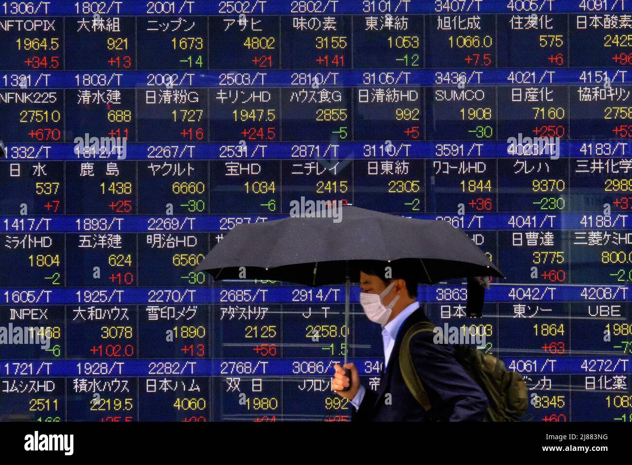 Tokyo, Giappone. 13th maggio 2022. Un uomo che tiene un ombrello cammina di fronte a un quadro elettrico mostrando Nikkei indice un brokerage a Tokyo. (Foto di James Matsumoto/SOPA Images/Sipa USA) Credit: Sipa USA/Alamy Live News Foto Stock