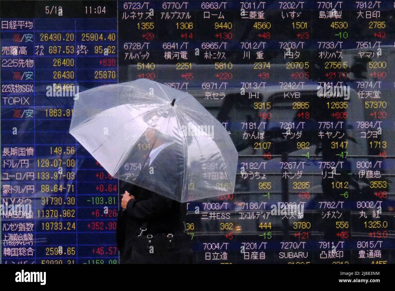 Tokyo, Giappone. 13th maggio 2022. Un uomo che tiene un ombrello cammina di fronte a un quadro elettrico mostrando Nikkei indice un brokerage a Tokyo. (Foto di James Matsumoto/SOPA Images/Sipa USA) Credit: Sipa USA/Alamy Live News Foto Stock