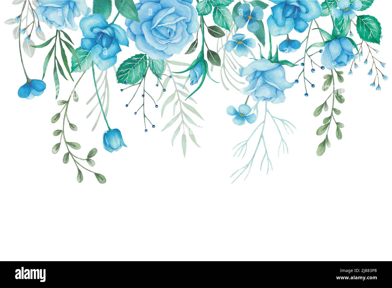 I fiori cadono con rose blu e foglie verdi. Acquerello disposizione floreale e illustrazione della composizione. Illustrazione Vettoriale