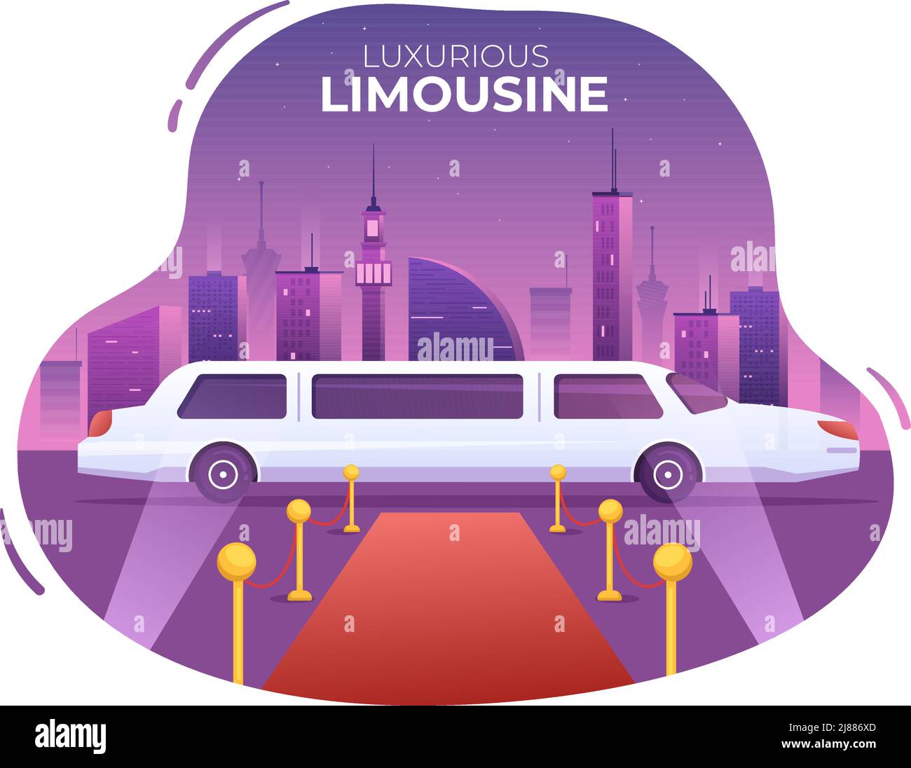 VIP Limousine Auto di Red Carpet per Celebrity Superstar Walk con Night City Landscape View in Flat Cartoon Illustration Illustrazione Vettoriale