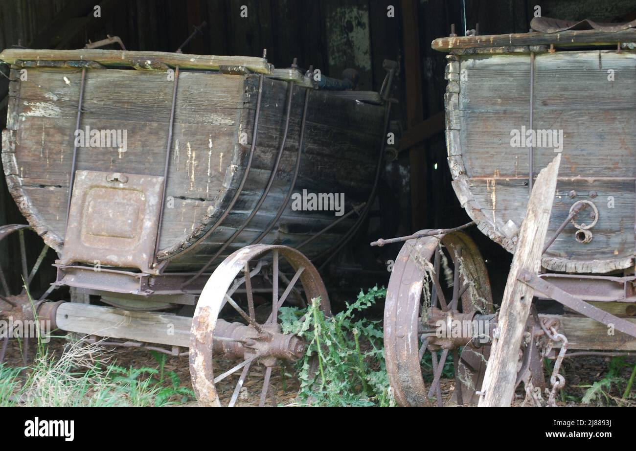 Old Wagon presso l'Historic Farm and Homestead all'Olmstead Place state Park, Washington Foto Stock