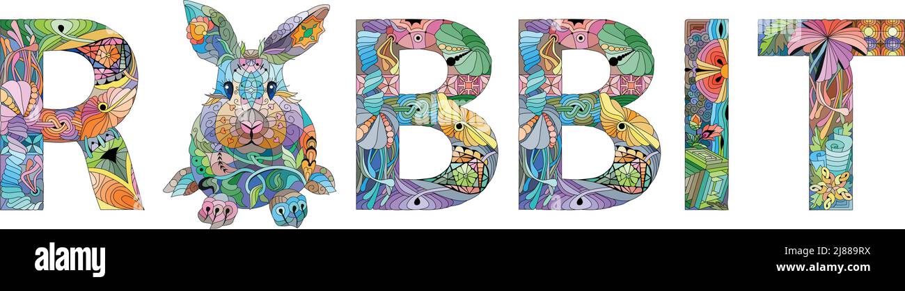 Disegno artistico dipinto a mano. Coniglio di parola disegnata a mano per t-shirt e altre decorazioni Illustrazione Vettoriale