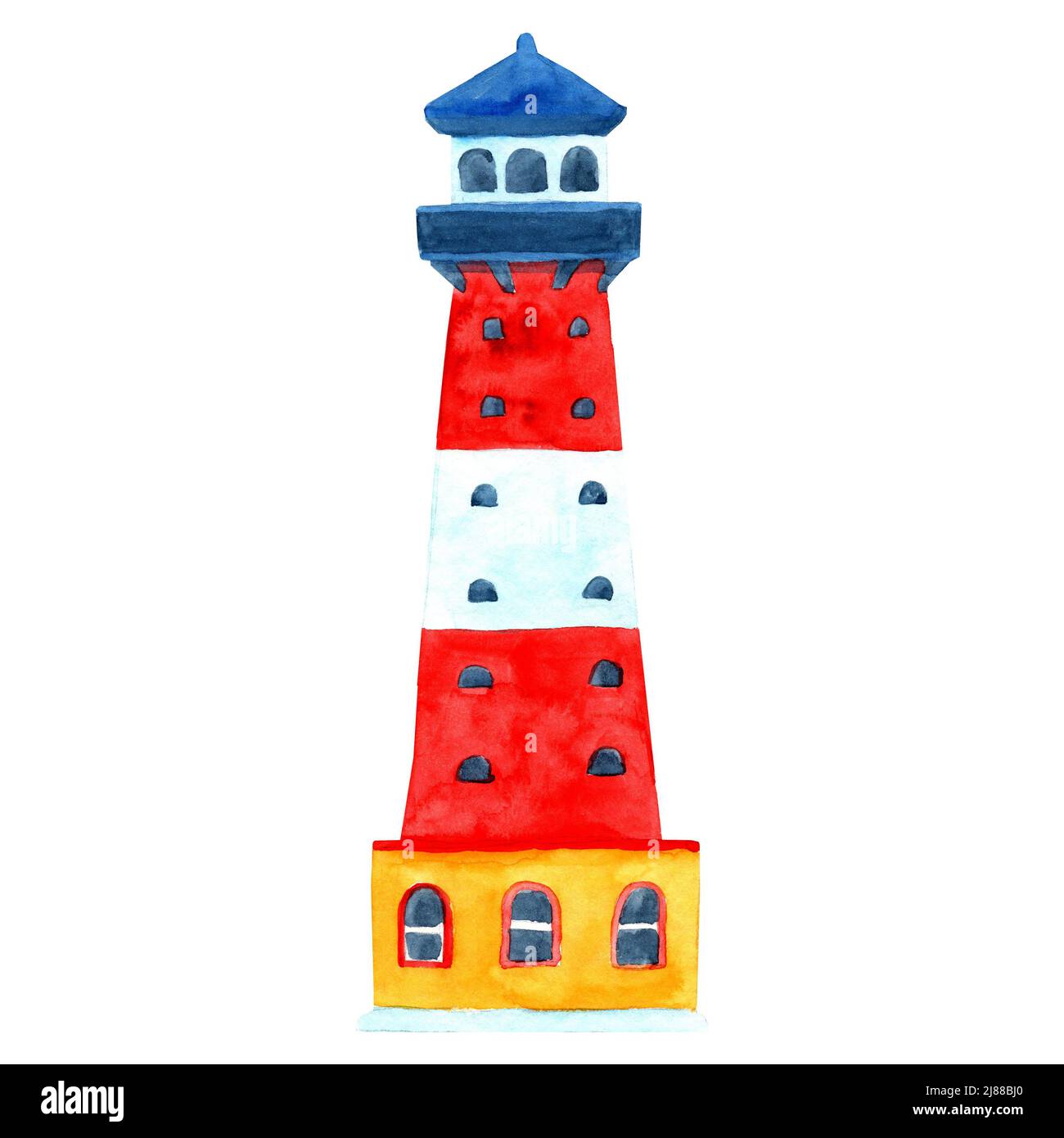 Acquerello illustrazione disegnata a mano del faro blu. Torre in stile cartone animato. Design per carte, sfondi, decorazioni, etichette, arredamento per feste. Foto Stock