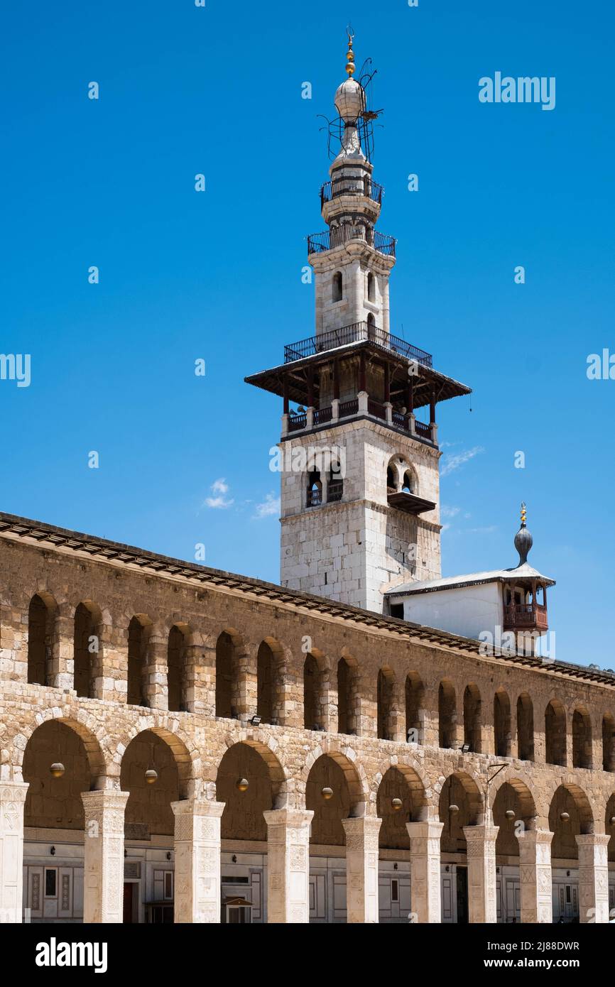 Damasco, Siria - Maggio 2022: Un minareto della Moschea di Umayyyad, conosciuta anche come la Grande Moschea di Damasco Foto Stock