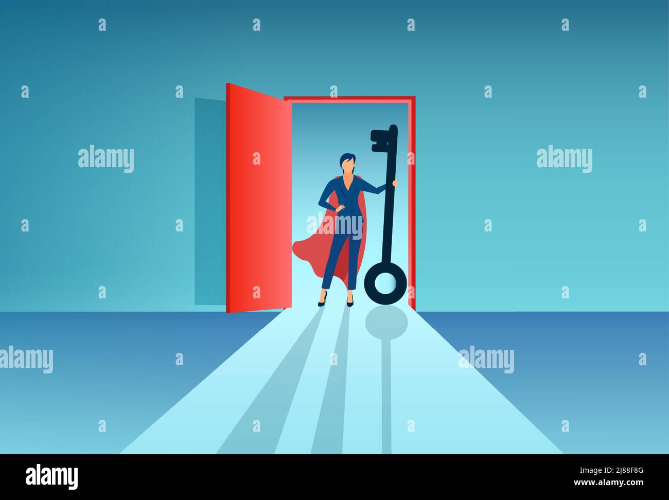 Vettore di un super eroe donna business aprire una porta con una grande chiave Illustrazione Vettoriale