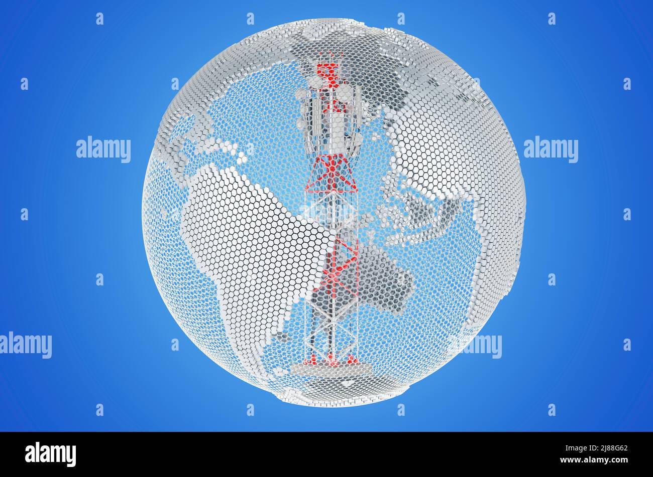 Torre mobile con antenne per telefono cellulare all'interno del globo terrestre trasparente, rendering 3D su sfondo blu Foto Stock