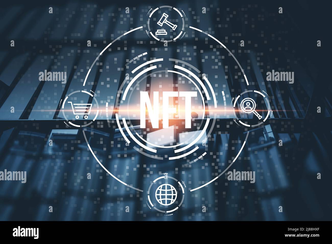 Token non-fungibile o NFT. Commercio globale. Ricerca e asta. Foto Stock