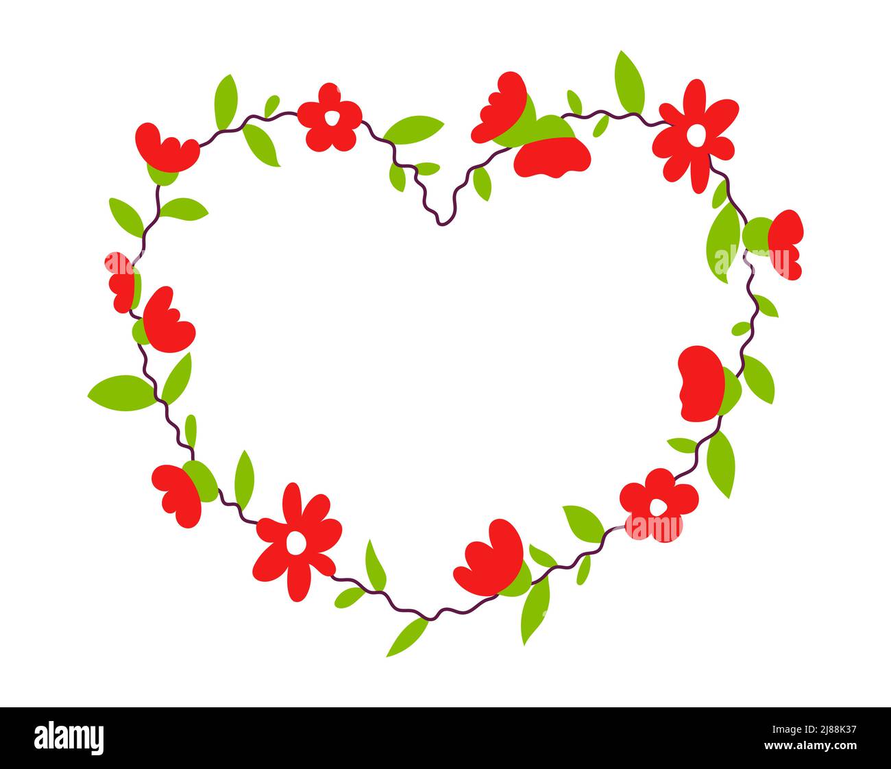 Cornice disegnata a mano di fiori e foglie di cuore vettore illustrazione per San Valentino o biglietto di auguri di nozze Illustrazione Vettoriale