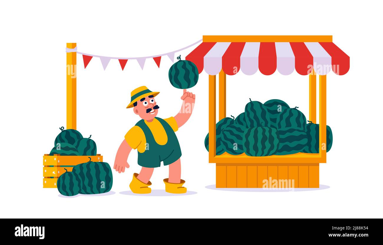 Uomo agricoltore vende cocomeri all'aperto di mercato stalla. Illustrazione vettoriale cartoon piatta isolata su sfondo bianco Illustrazione Vettoriale