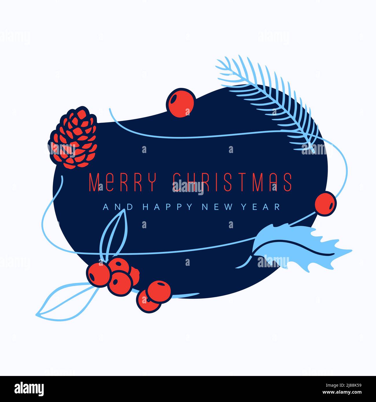 Allegro natale alla moda e felice anno nuovo elemento forma con foglie di agrifoglio e rowan rosso frutti di bosco per biglietto di auguri o banner festa di natale Illustrazione Vettoriale