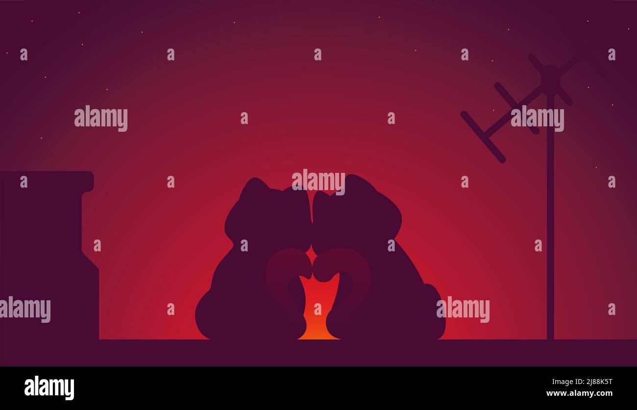 Carino amore coppia di gatti code sono collegati nel cuore seduto sul tetto contro il tramonto vettore illustrazione Illustrazione Vettoriale
