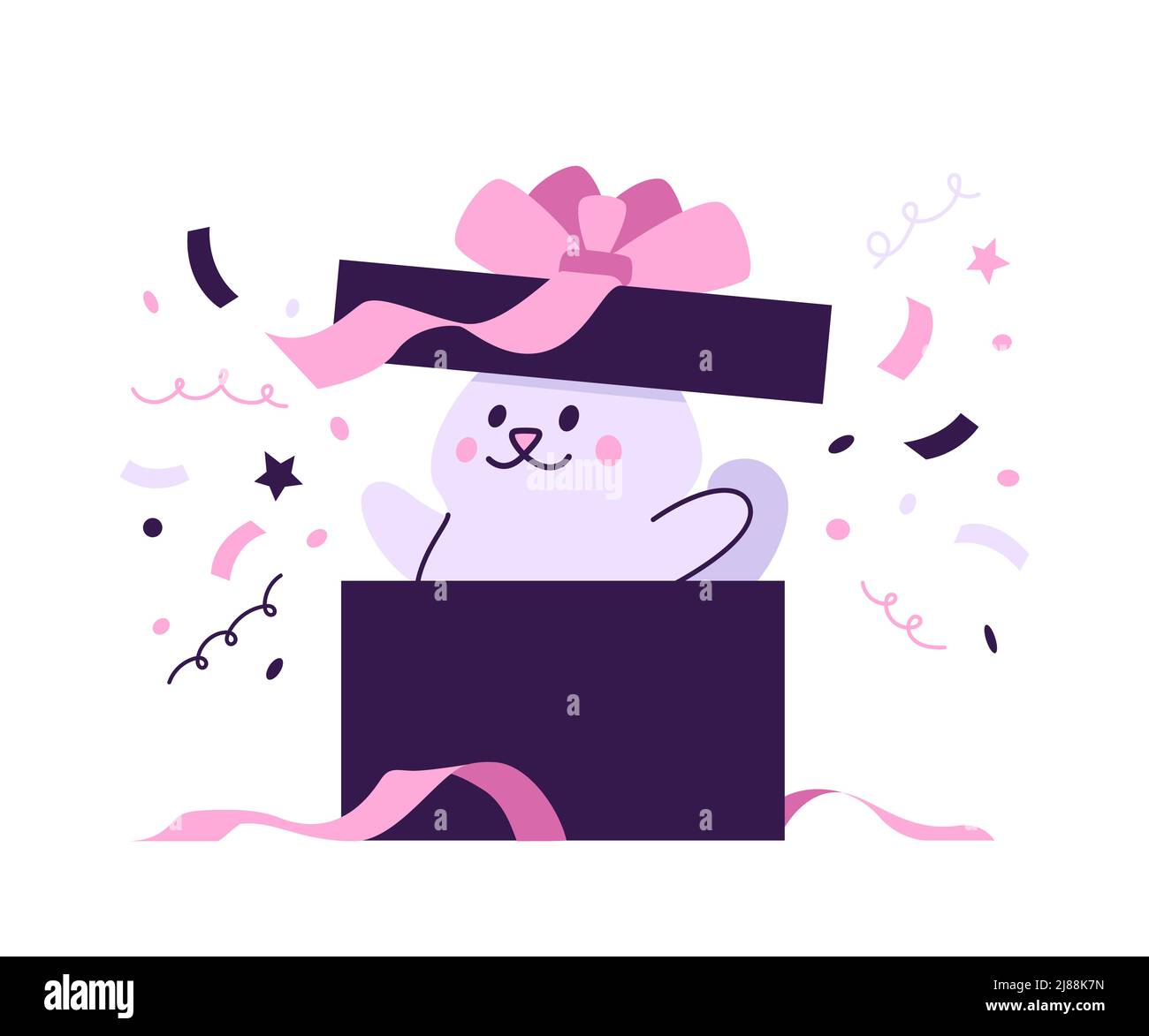 Carino gatto in scatola regalo a sorpresa con illustrazione vettoriale a confetti per la tessera compleanno bambini o invito Illustrazione Vettoriale
