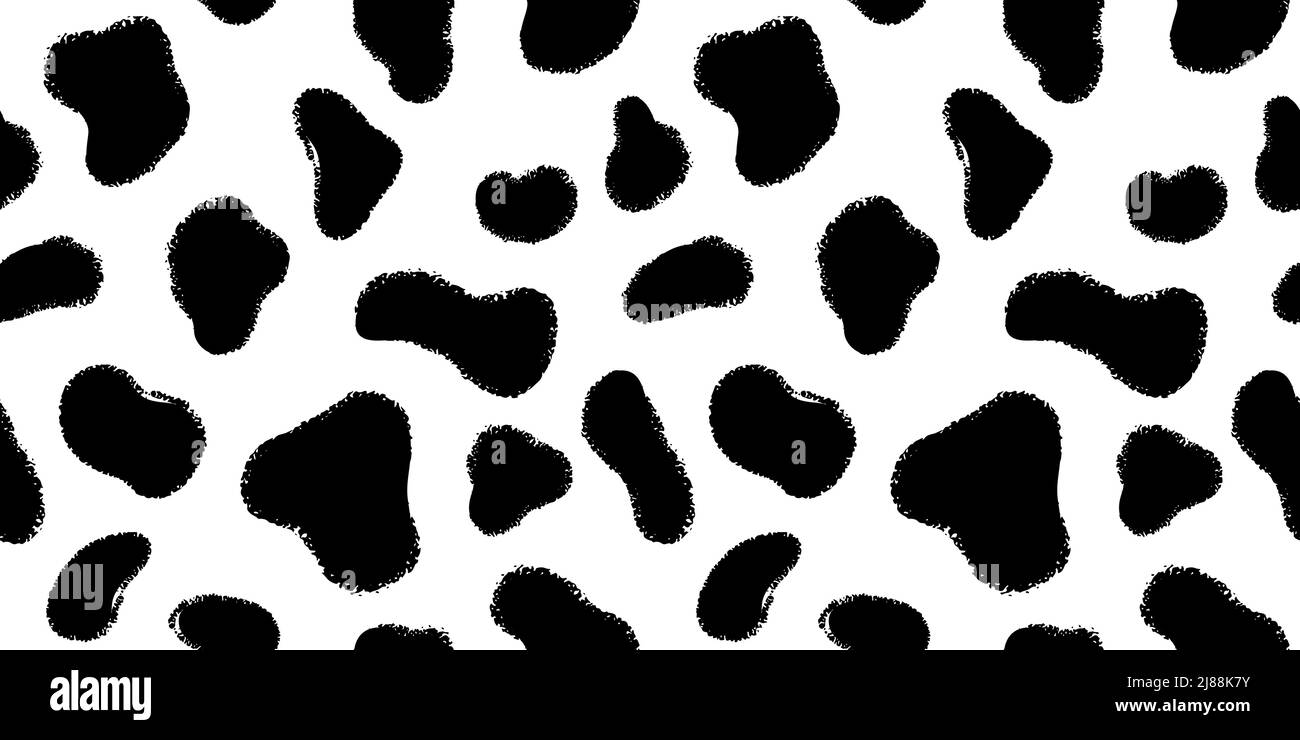 Pelle animale con inchiostro nero macchie disegnate a mano motivo senza cuciture. Texture pelliccia cane dalmazia o illustrazione vettore vacca. Illustrazione Vettoriale