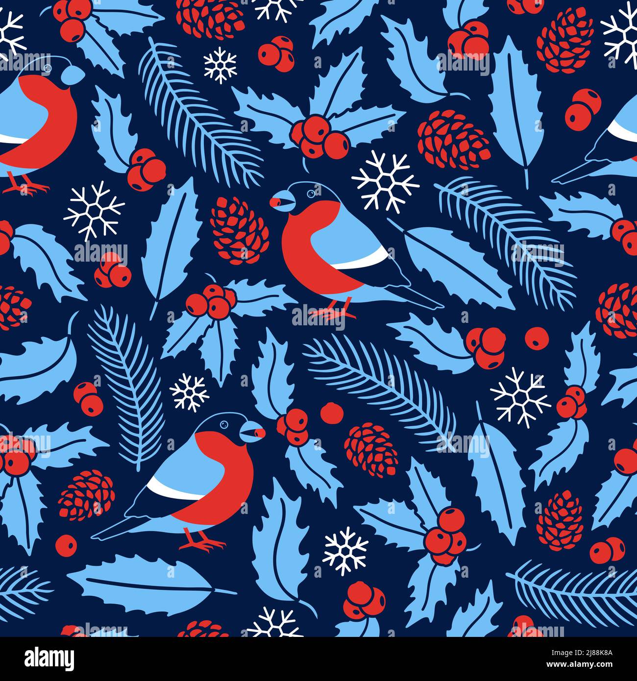 Bullfinch e piante invernali senza cuciture modello di natale. Ornamento invernale con foglie di agrifoglio, cono di abete e bacche rosse di rowan Illustrazione Vettoriale