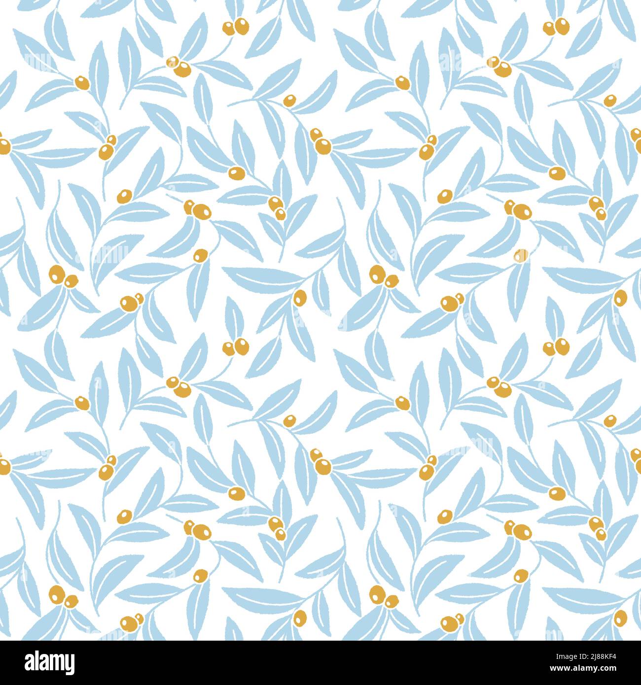 Motivo senza cuciture con brench di olive dorate e foglie blu disegno a mano pastello colori illustrazione vettoriale Illustrazione Vettoriale
