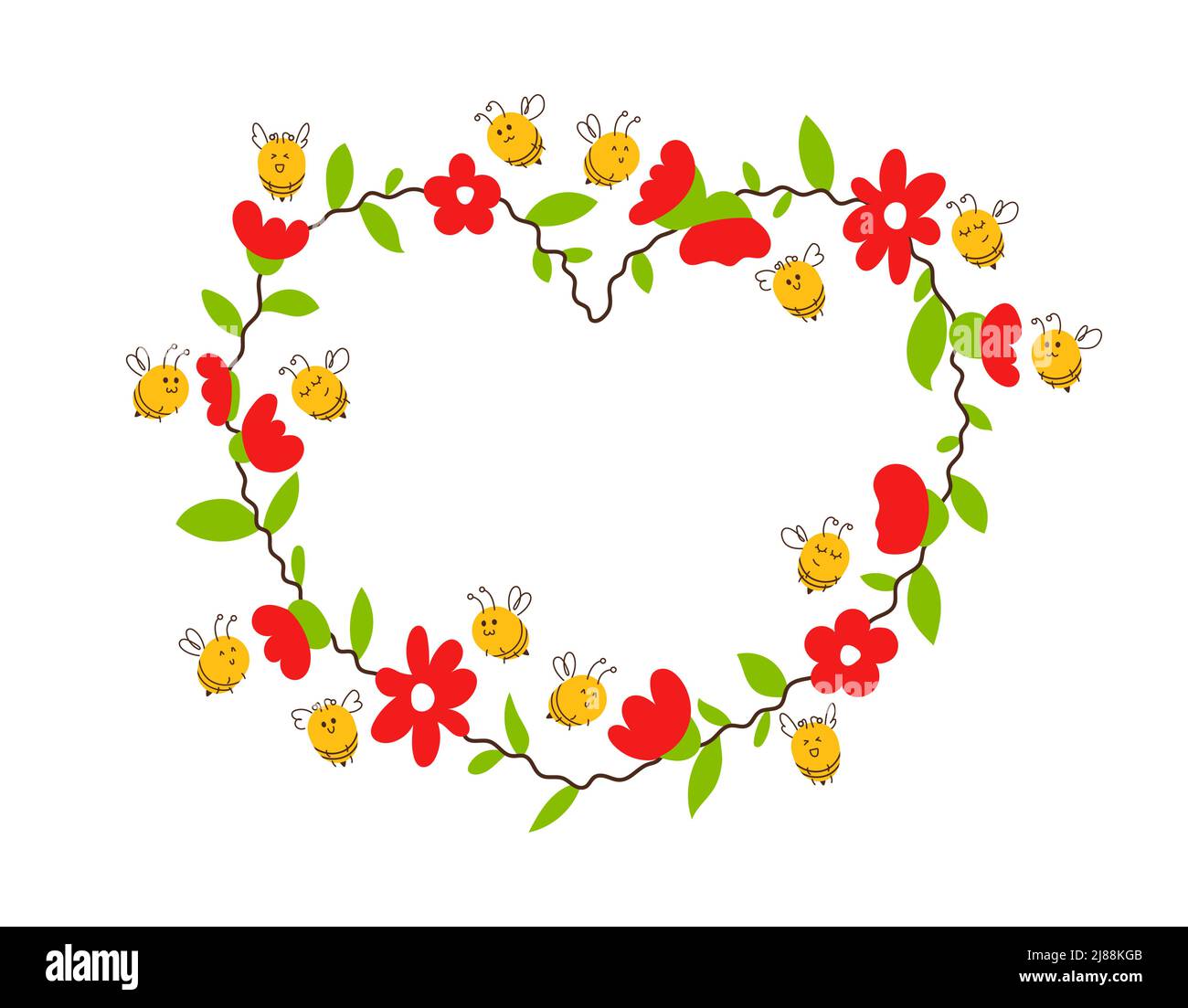 Corona primaverile di fiori e foglie a forma di cuore con api intorno a illustrazione vettoriale Illustrazione Vettoriale
