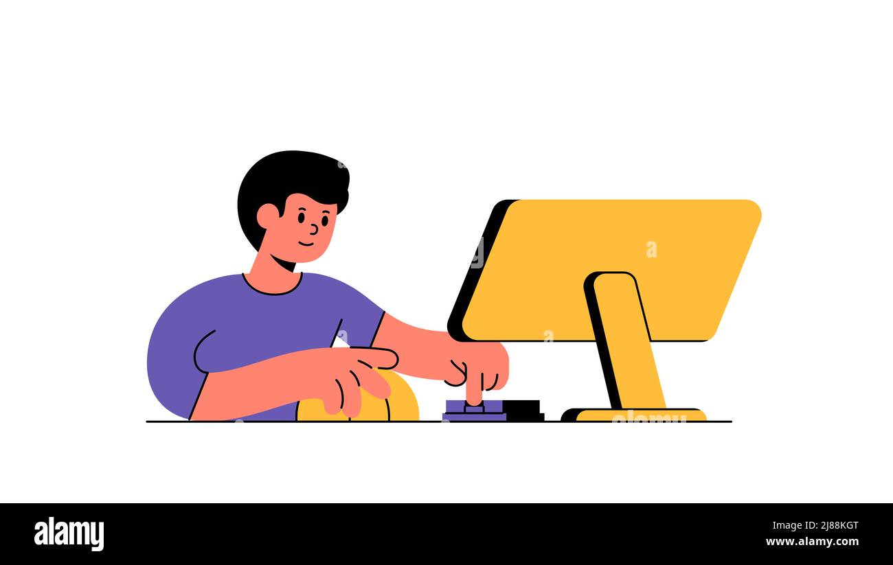 L'uomo sta lavorando ad un calcolatore, usa un mouse del calcolatore e digita su illustrazione vettoriale della tastiera stile grafico semplice Illustrazione Vettoriale
