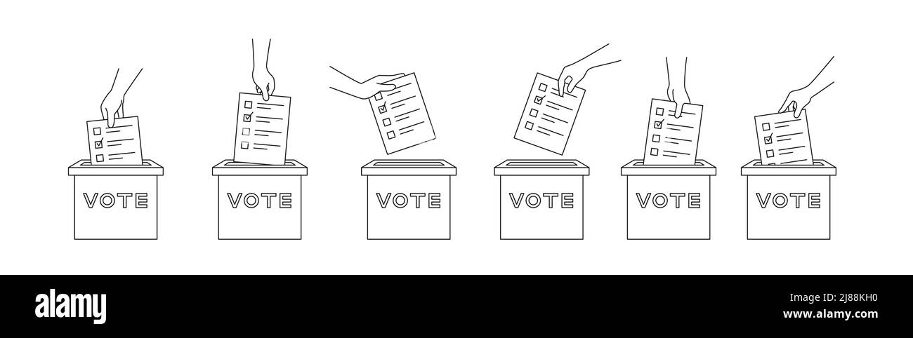 La mano del contorno con la carta del ballottaggio getta il foglio nell'illustrazione vettoriale di stile di linea della scatola di votazione Illustrazione Vettoriale