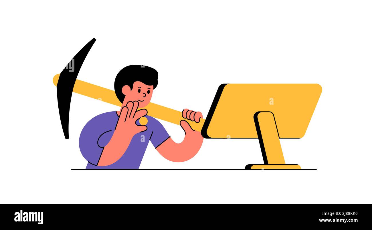 L'uomo con moneta d'oro e pickaxe si siede davanti ad un'illsutrazione vettoriale del monitor. Concetto astratto Cryptocurrency Mining sul computer di casa Illustrazione Vettoriale