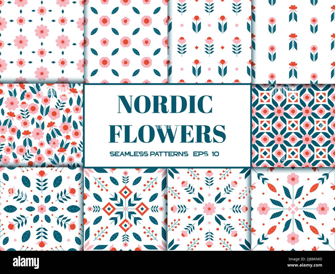 Grande set di motivi floreali scandinavi nordici senza cuciture con semplici elementi geometrici floreali colori pastello illustrazione vettoriale Illustrazione Vettoriale