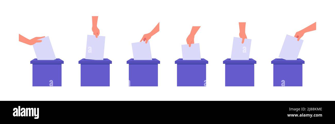 La mano piatta fa cadere un foglio vuoto nel set di illustrazioni vettoriali. Il concetto di voto o di posta Illustrazione Vettoriale