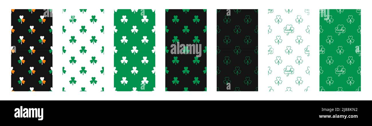 Imposta motivi senza cuciture un capo continuo con testo fortunato e silhouette shamrock con bandiera irlandese per Irish Holiday st. Di Patrick Illustrazione Vettoriale