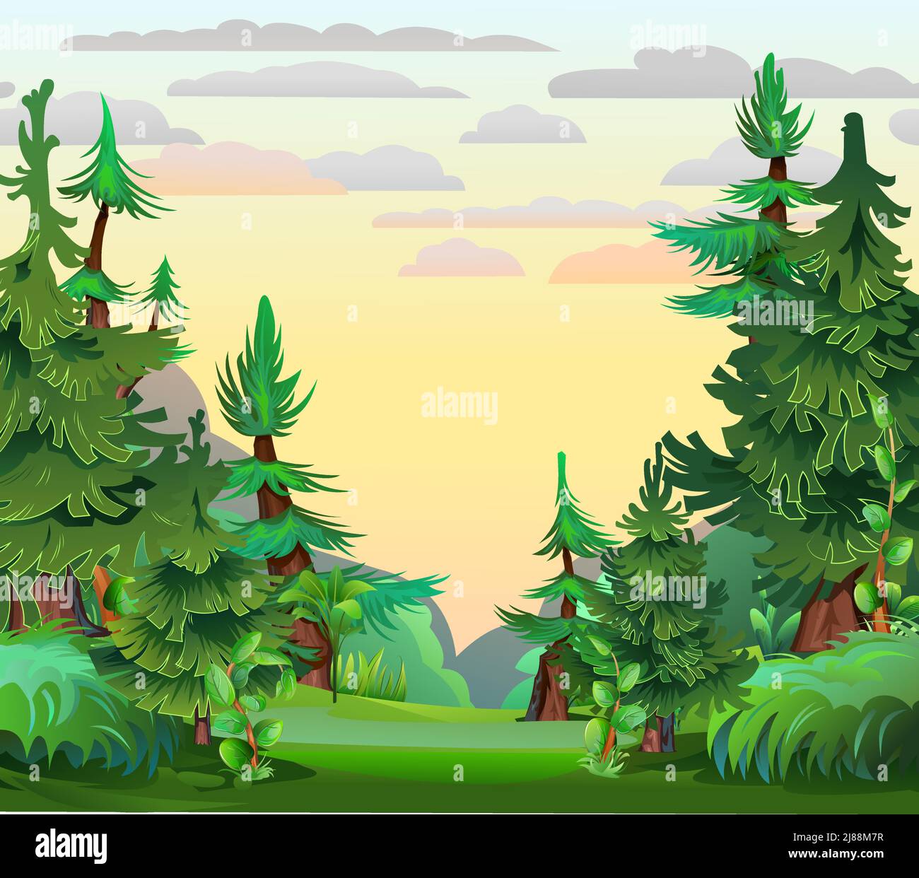 Luogo tra gli spessi Pino foresta. Abete rosso conifere. Stile cartoon paesaggio. Vettore. Illustrazione Vettoriale