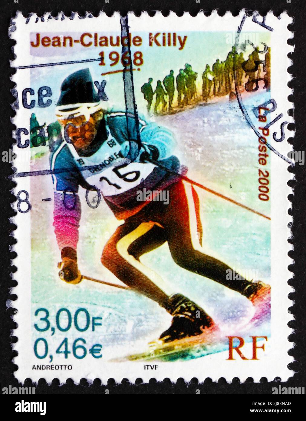 FRANCIA - CIRCA 2000: Un francobollo stampato in Francia mostra Jean-Claude Killy vince tre Olimpiadi invernali Medaglie d'oro, 1968, circa 2000 Foto Stock