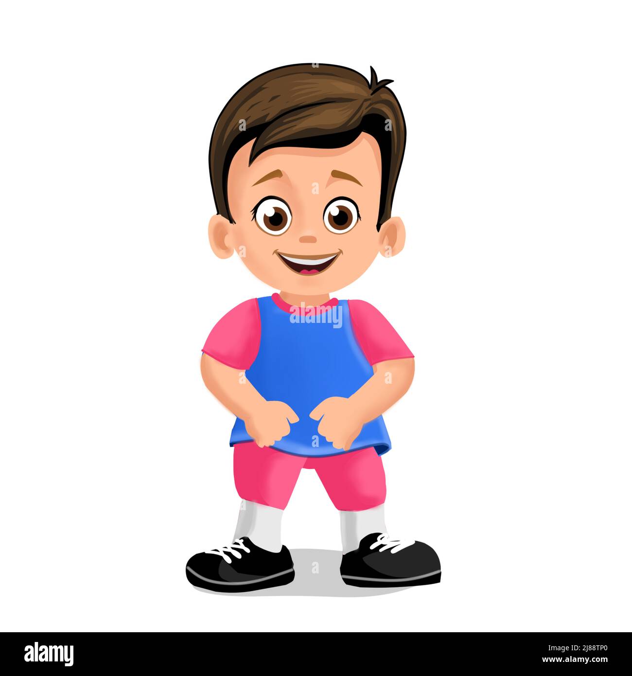 questo è un ragazzo ridente che è felice questo è un ragazzo molto carino in rosso e blu abito attraente, è un semplice cartone animato arte bionda capelli stylis bello ragazzo indossando scarpe nere,, ragazzo felice illustrazione clipart grafico fumetti charrector, rosso, blu abito, occhi marroni, capelli lite pelle marrone Foto Stock