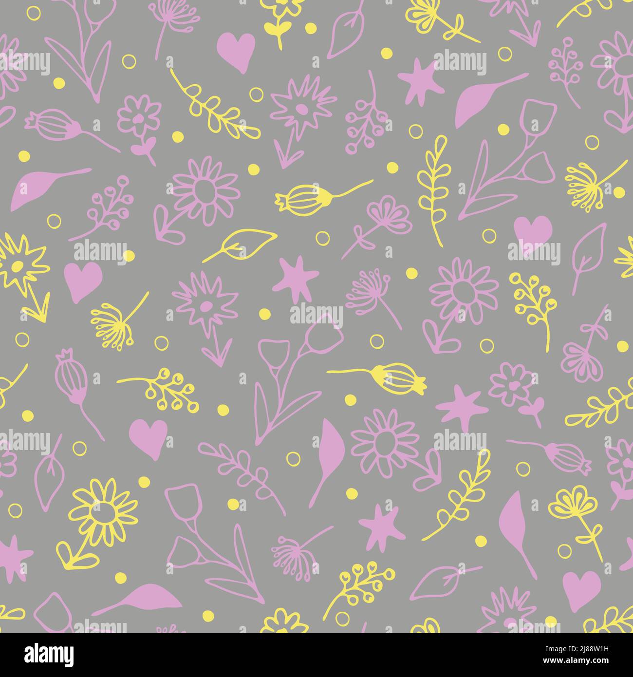 Motivo vettoriale senza cuciture con piccoli fiori su sfondo grigio chiaro. Carta da parati floreale estiva disegnata a mano. Illustrazione Vettoriale
