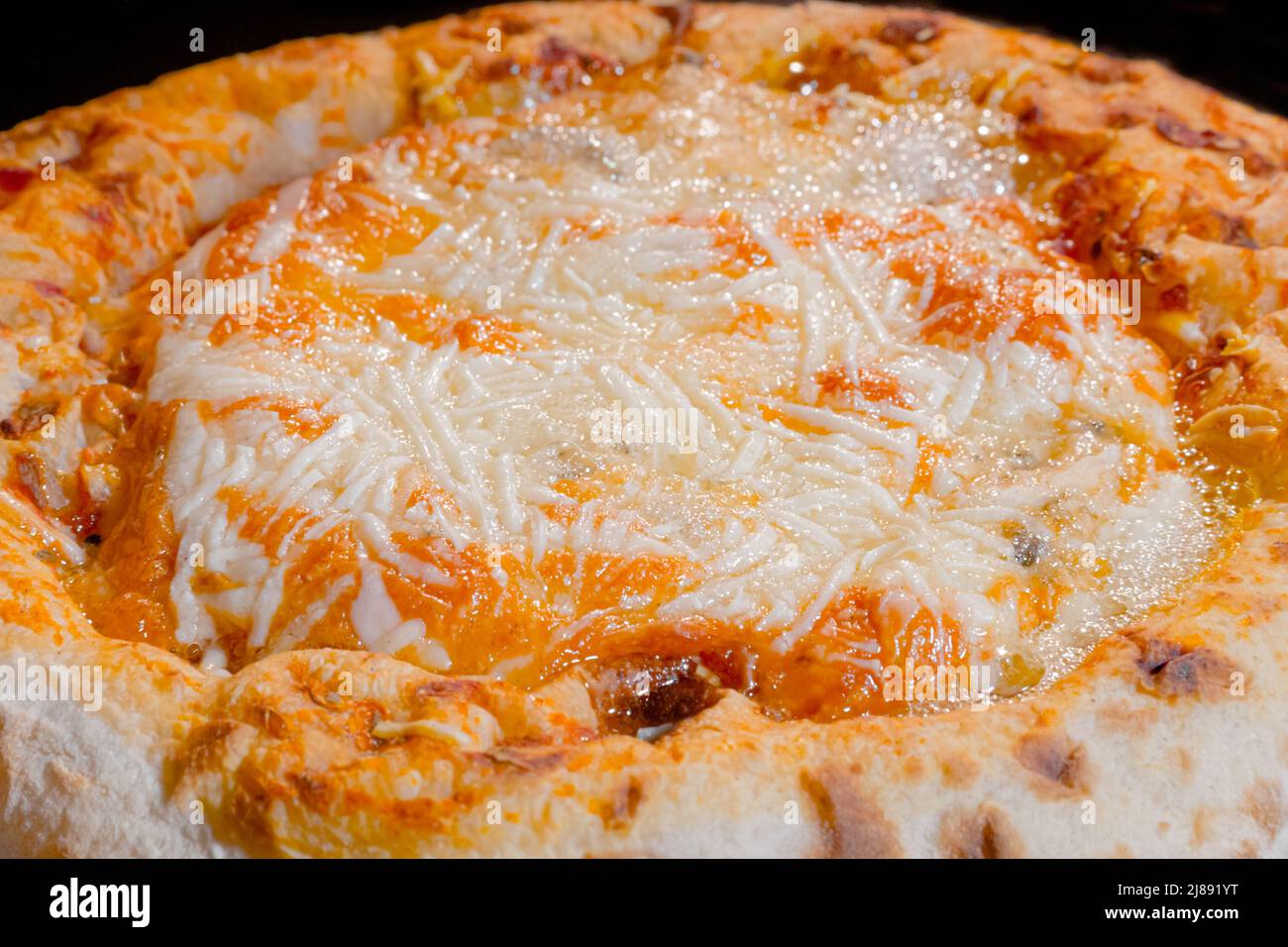 Pizza al formaggio fatta in casa al forno elettrico - macro, primo piano Foto Stock