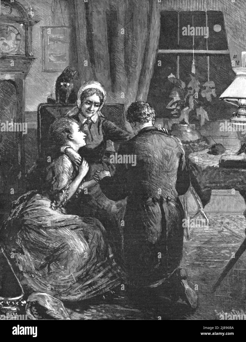 ''quell'infelice matrimonio, di Francis Eleanor Trollope; improvvisamente la signora Dobbs aprì le braccia e piegò maggio in uno di loro, posò l'altro intorno alla spalla di Owen mentre si inginocchiò davanti a lei, e li attirò entrambi nel suo abbraccio', 1888. Da, 'il grafico. Un giornale settimanale illustrato Volume 38. Da luglio a dicembre, 1888'. Foto Stock