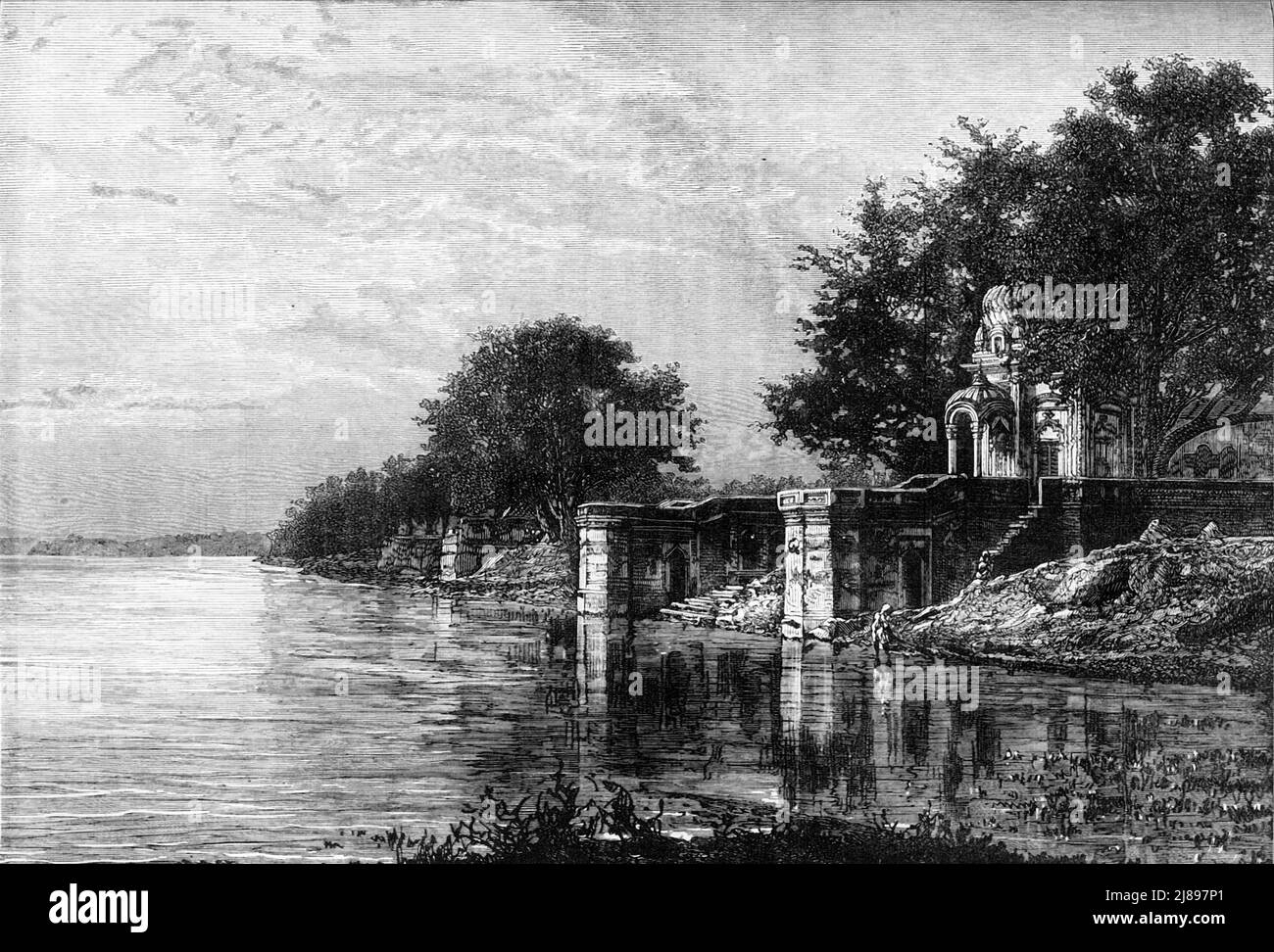 'Vista del Suttee Chaora-Ghat, di ampia scala di funerali, sul Gange a Cawnpore', c1891. Da "Cassell's Illustrated History of India Vol. II", di James Grant. [Cassell Petter &amp; Galpin, Londra, Parigi e New York] Foto Stock