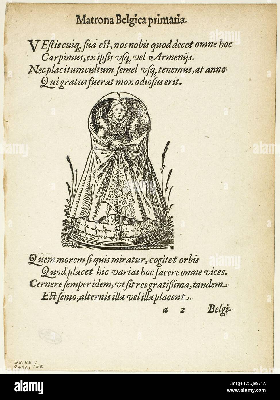 Matrona Belgica primaria (mattone belga della prima classifica) di Gynaeceum, sive Theatrum mulierum, piatto 53 da tagli di legno di libri del XVI secolo, 1586, assemblato nel portafoglio 1937. Foto Stock