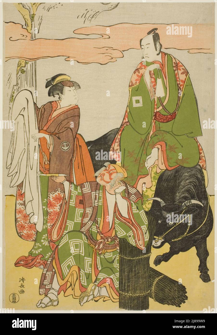 Gli attori Ichikawa Monnosuke II come Miyukinosuke, Segawa Kikunojo III come Hatsune-hime, e Ichikawa Danjuro V come Ninnaji no Saibei, nel joruri "Shitenno Oe no Yamairi", hanno suonato al Teatro Kiri nell'undicesimo mese, 1785, 1785. Foto Stock