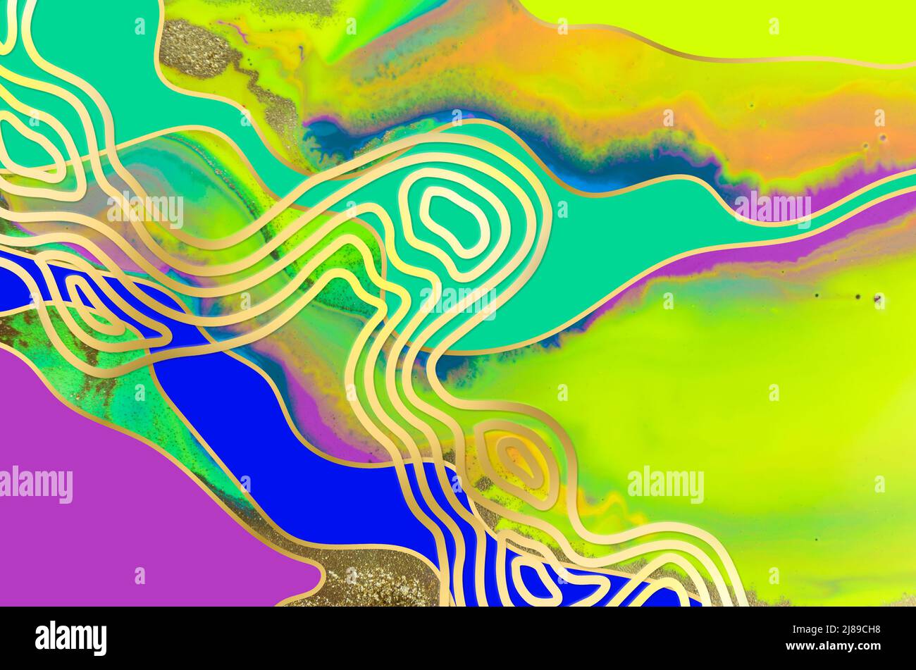 La vernice ondulata macina lo sfondo astratto. Modello a onda dorata. Struttura in marmo blu, giallo, verde e oro Foto Stock