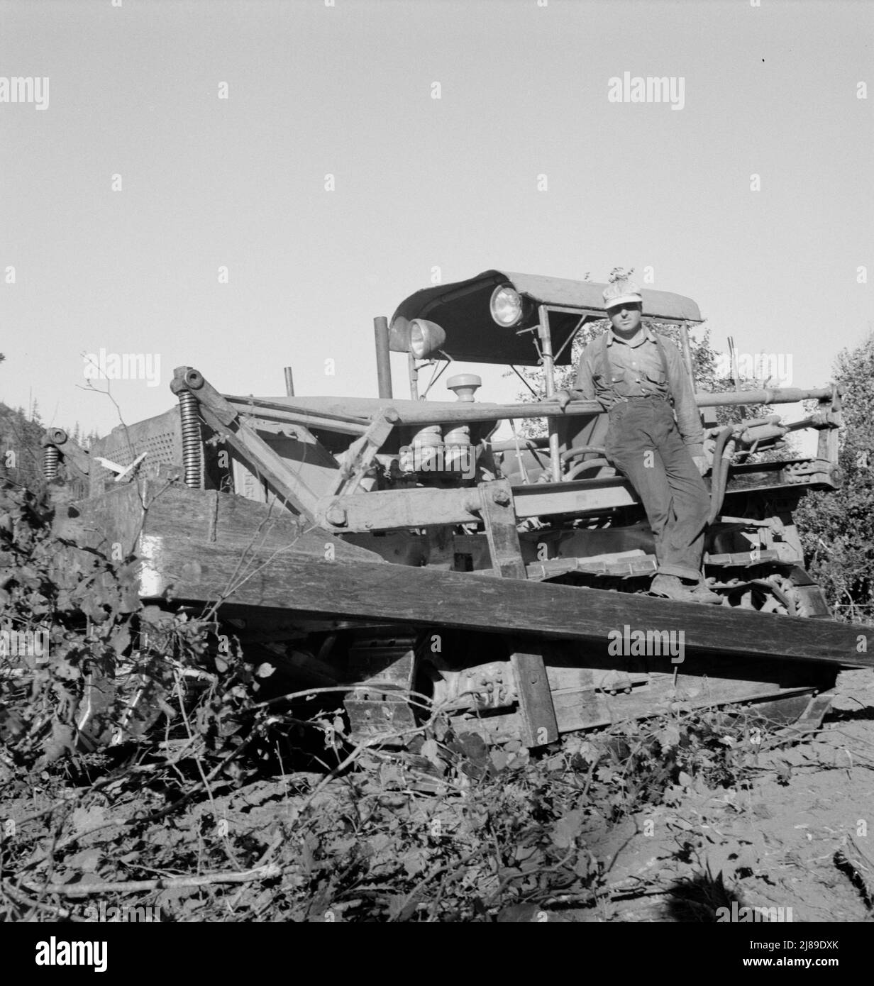 [Untitled, possibilmente collegato a: Washington occidentale, Contea di Lewis. Il bulldozer solleva e spinge il moncone nell'azienda agricola di cut-over]. Foto Stock