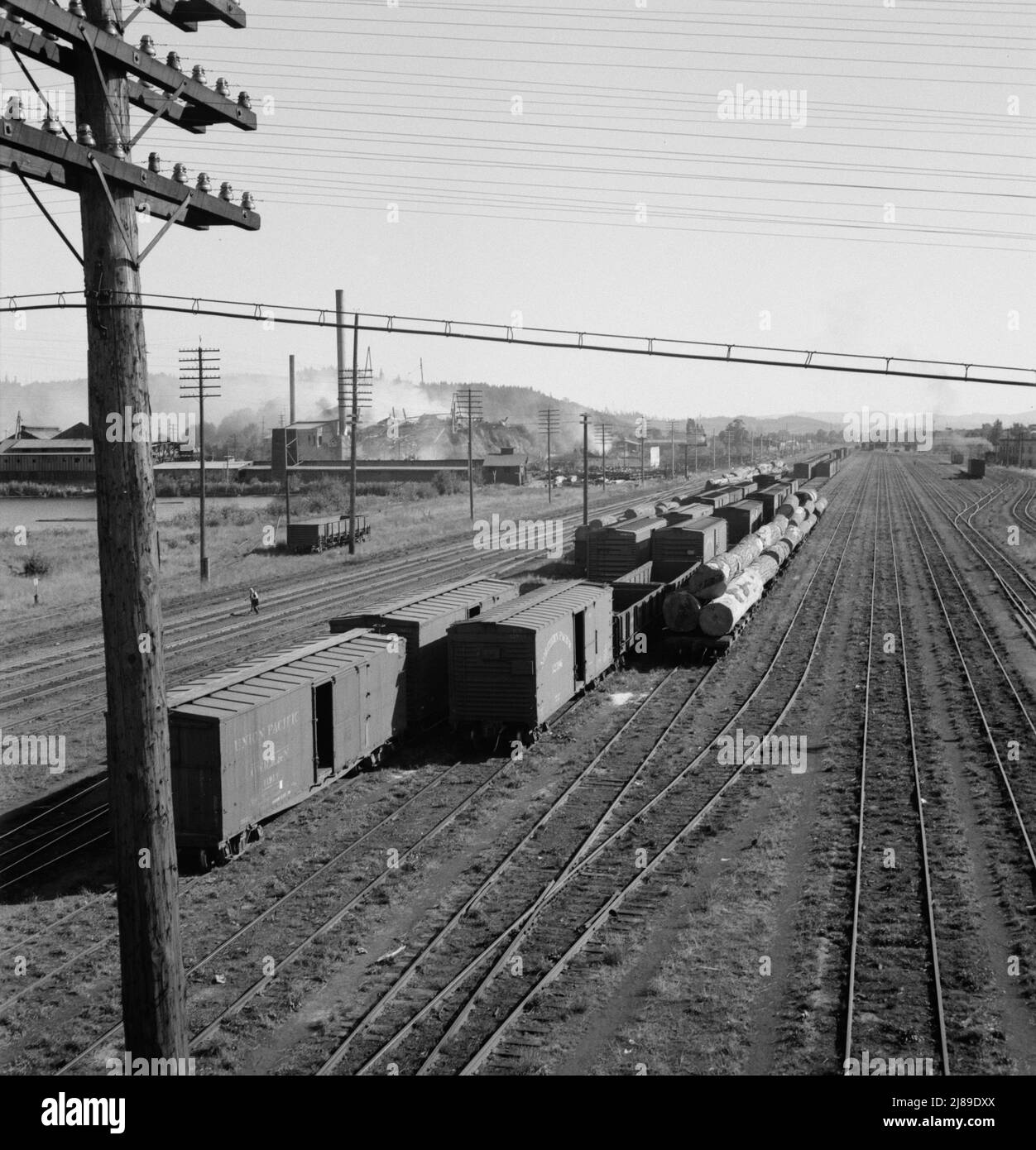 Washington, Contea di Lewis, Centralia. Cantiere ferroviario, guardando verso il basso dal ponte autostradale. Disastro per la città: L'unico mulino di legname rimasto bruciato una settimana prima. (Notare fumo e relitti). Foto Stock