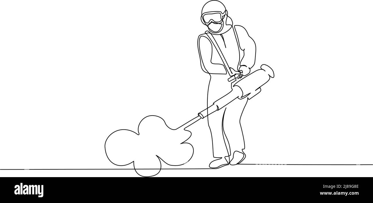 Uomo in tuta nocciola disinfezione coronavirus. Virus disinfezione concetto di protezione. Pandemia 2019-nCoV. Illustrazione vettoriale del disegno a linea singola continua Illustrazione Vettoriale