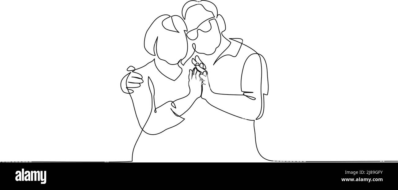 Coppia romantica anziana. Nonno vecchio e nonna. Disegno continuo su una linea. Illustrazione vettoriale disegnata a mano. Illustrazione Vettoriale