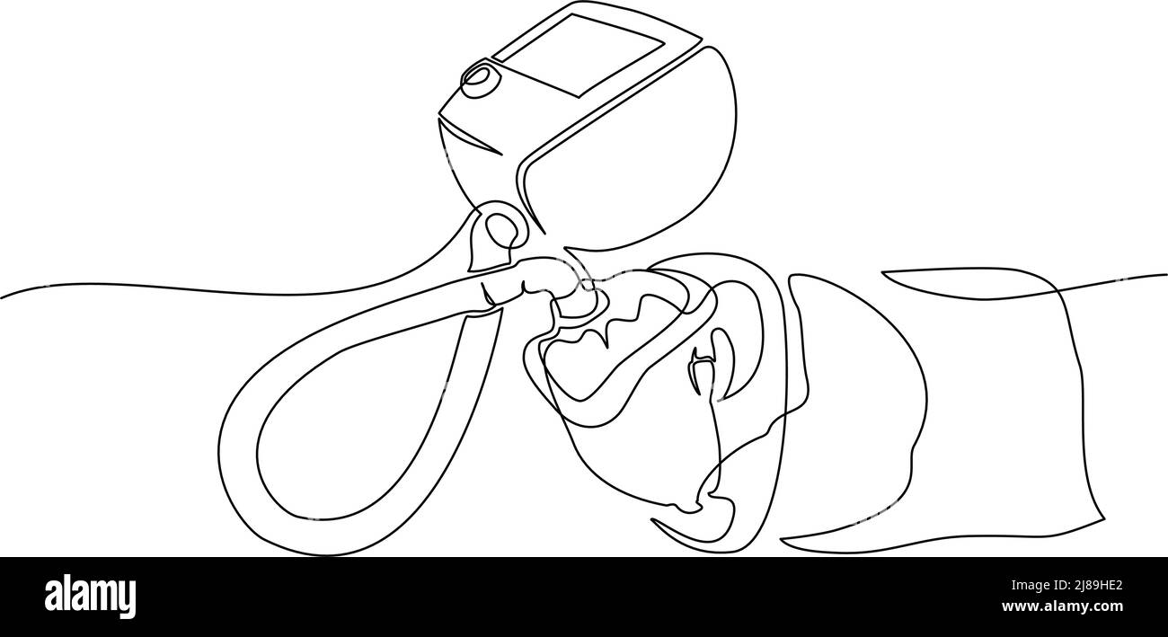 Uomo con dispositivo installato per la ventilazione polmonare. Disegno continuo su una linea. Illustrazione vettoriale simbolo COVID-19. Concetto di Coronavirus Illustrazione Vettoriale