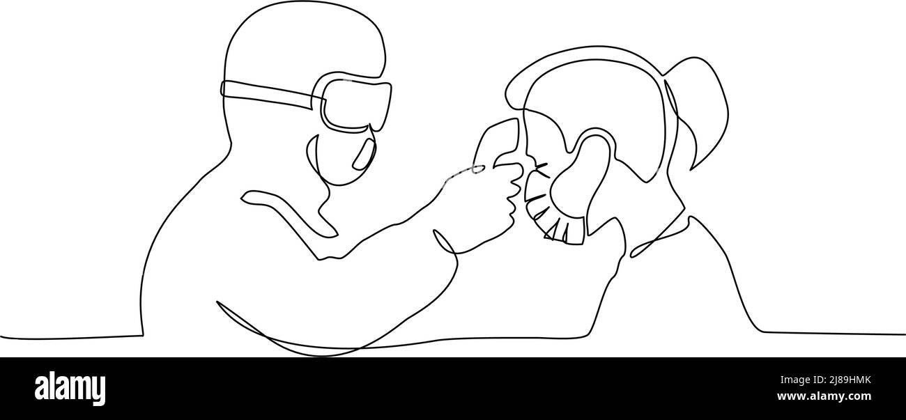 Il personale medico controlla la temperatura corporea alla donna. Disegno continuo su una linea. Illustrazione vettoriale simbolo COVID-19. Concetto di Coronavirus Illustrazione Vettoriale