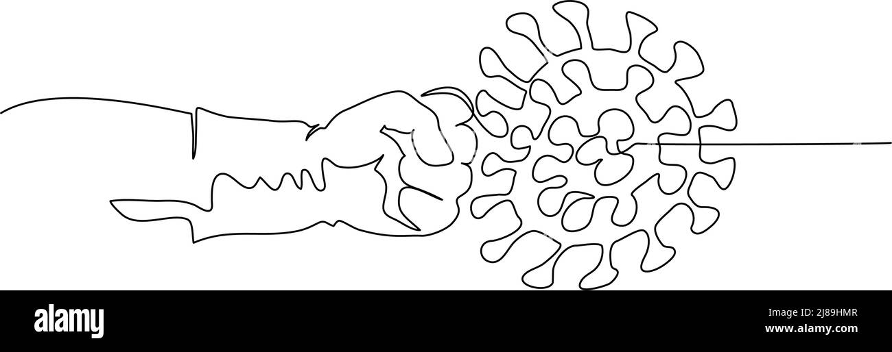 Il personale medico combatte il coronavirus con il simbolo del pugno. Disegno a una linea. Illustrazione vettoriale concetto di segno COVID-19 Illustrazione Vettoriale